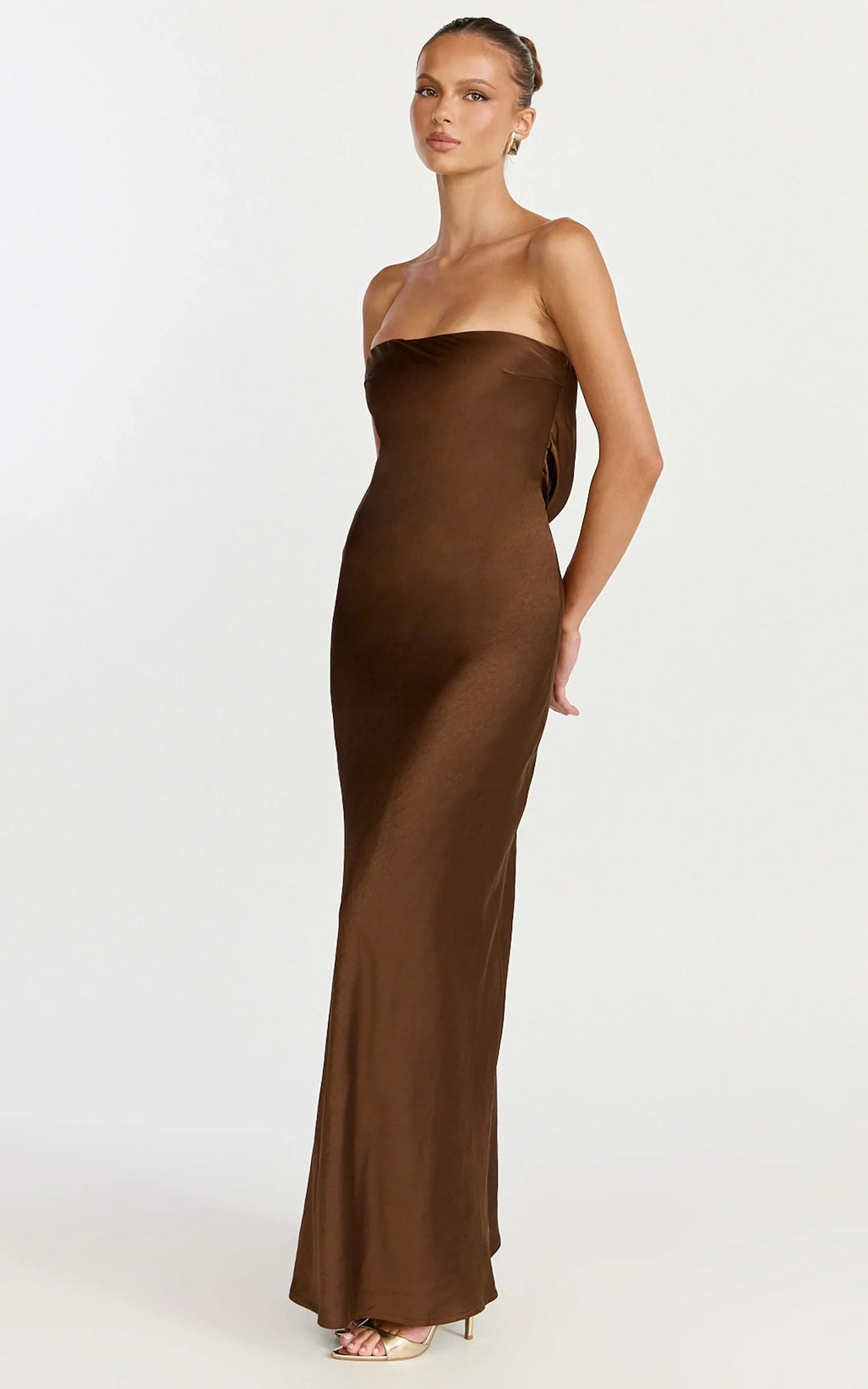 Charlita Maxi Dress - Strapless Cowl Back Satin Dress in Chocolate
