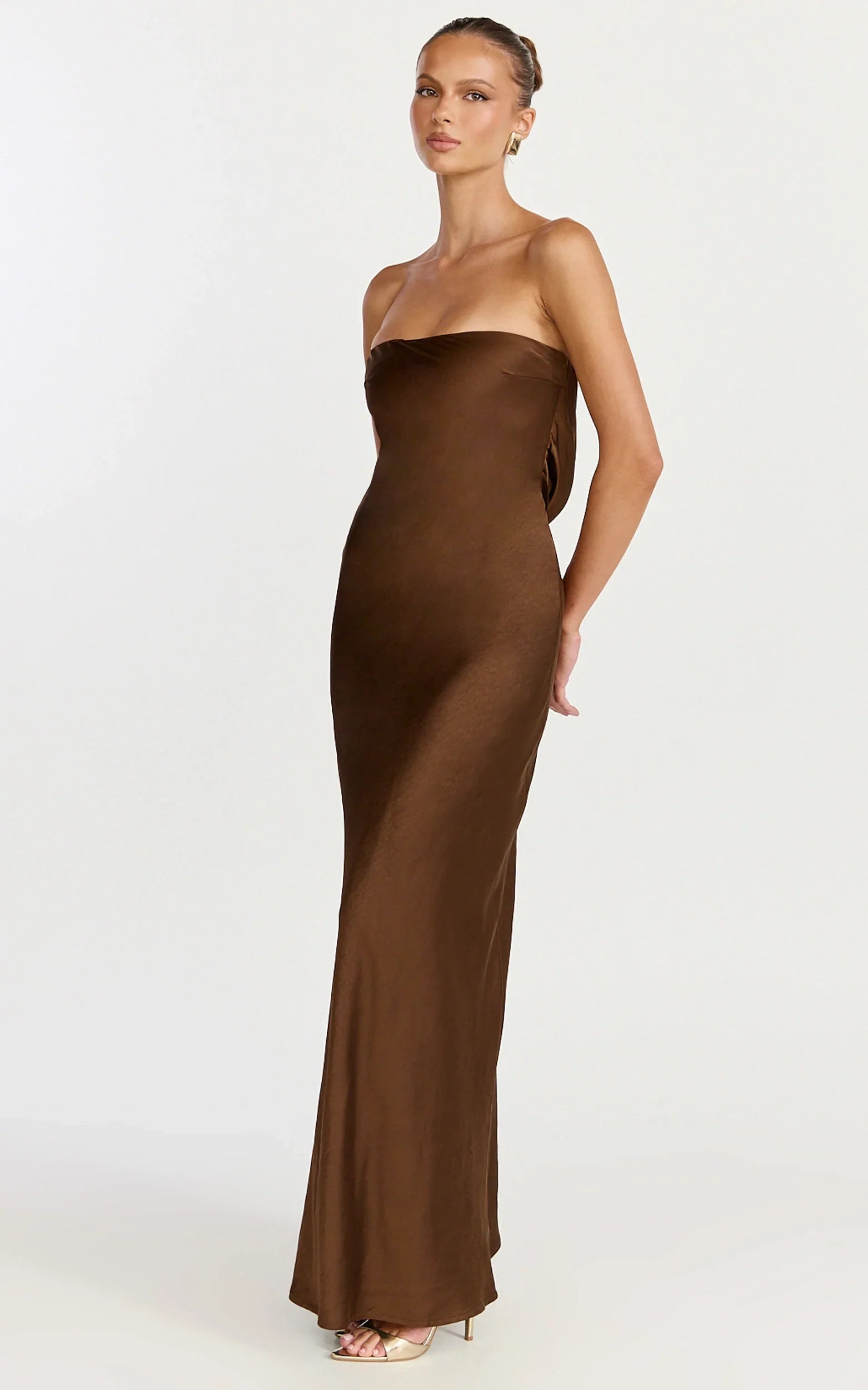 Charlita Maxi Dress - Strapless Cowl Back Satin Dress in Chocolate