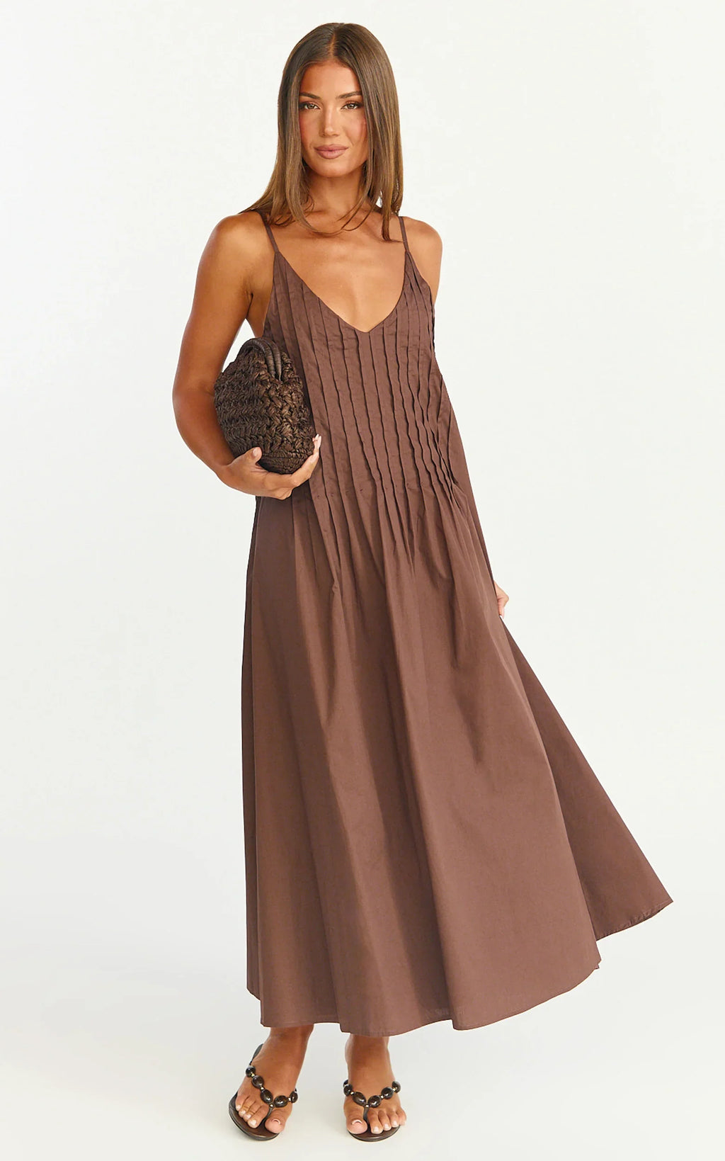 Estelle Maxi Dress - V Neck Pleated Dress in Chocolate