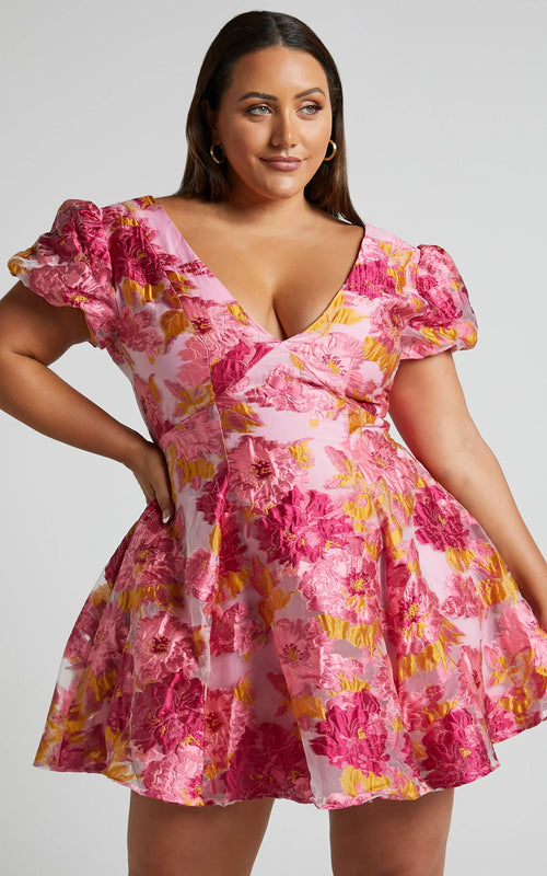 Brailey Jacquard Mini Dress - Puff Sleeve Dress in Pink