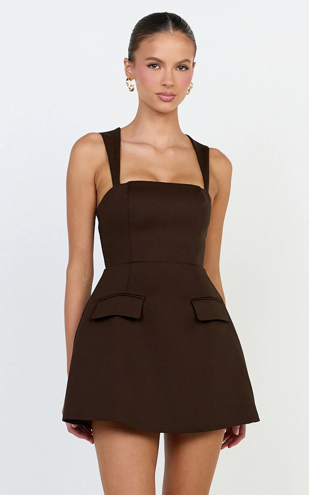 Garrett Mini Dress - Square Neck Fit And Flare Dress in Dark Chocolate