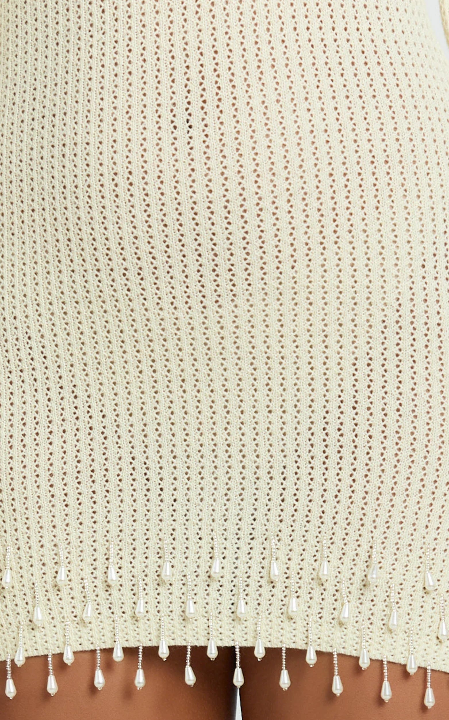 Izira Mini Dress - Knit One Shoulder Long Sleeve Pearl Bead Dress in Ivory