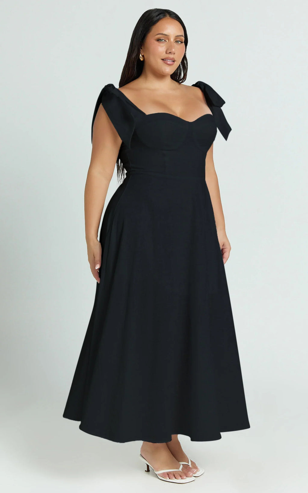 Tymia Midi Dress - Shoulder Tie Bustier Shirred Back A Line in Black