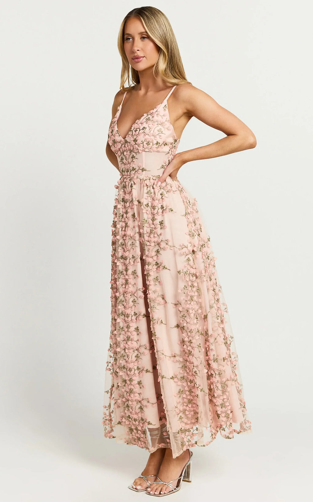 Amalie The Label - Lou V Neck Embroidered Tulle Midi Dress - In Blush