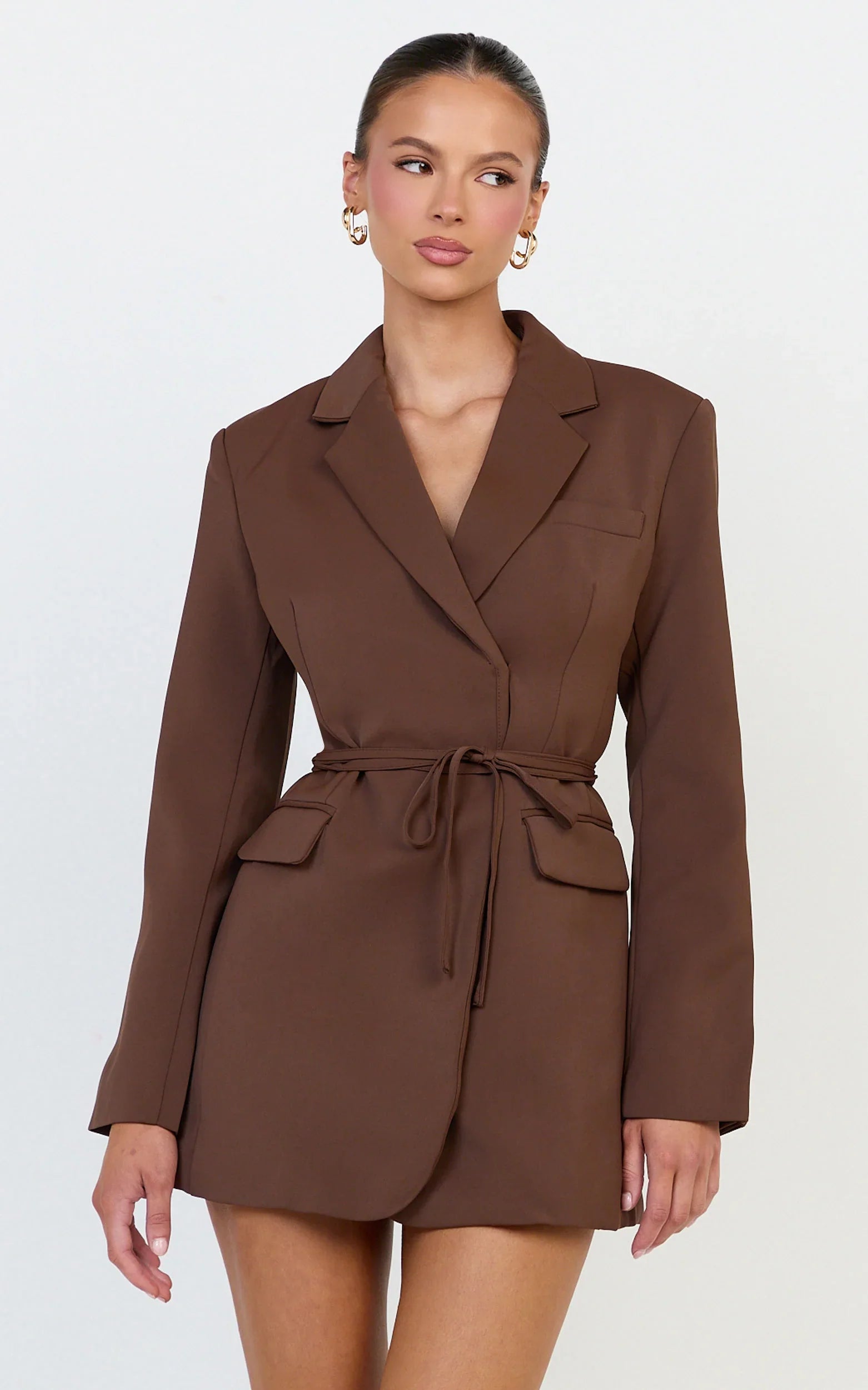 Harlee Mini Dress - Belted Cinch Waist Blazer Dress in Mocha