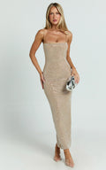 Terri Midi Dress - Diamante Square Neck Bodycon Dress in Nude