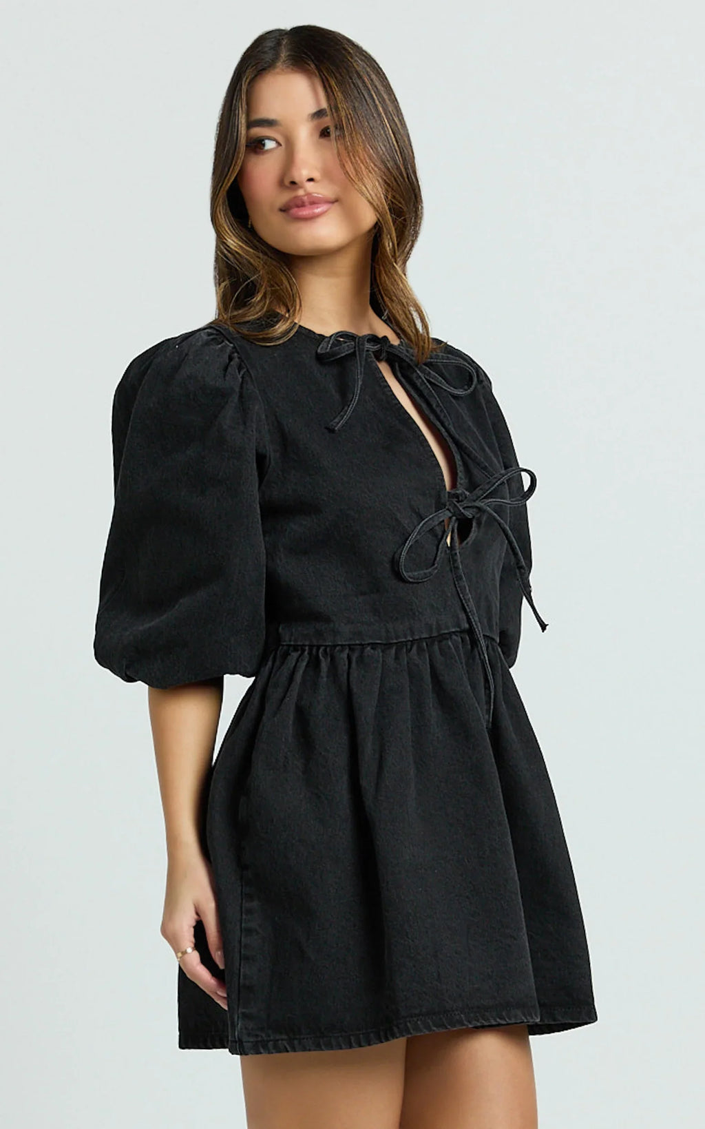 Shailene Mini Dress - Tie Front Puff Sleeve Recycled Denim Dress in Black Wash Panel