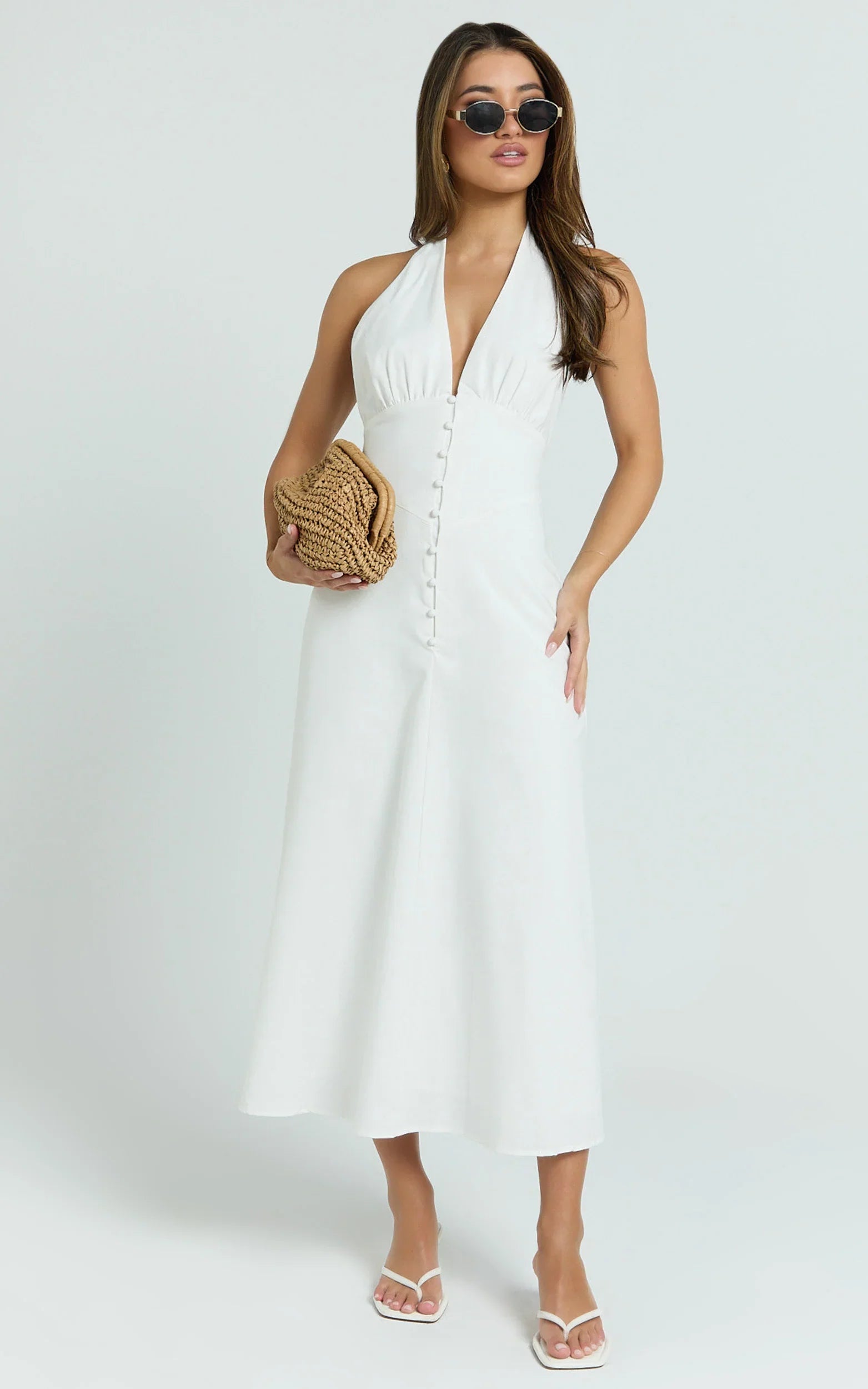 Beata Midi Dress - Plunge Halter A Line Dress in White