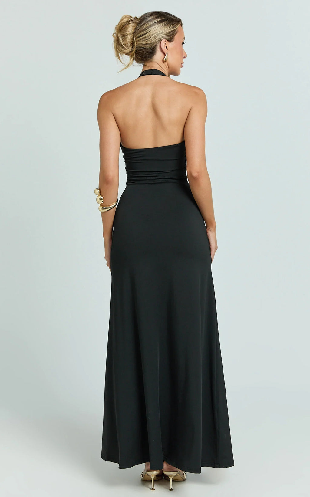 Denise Maxi Dress - Halter U Ruched Neck Cut Out Jersey Dress in Black
