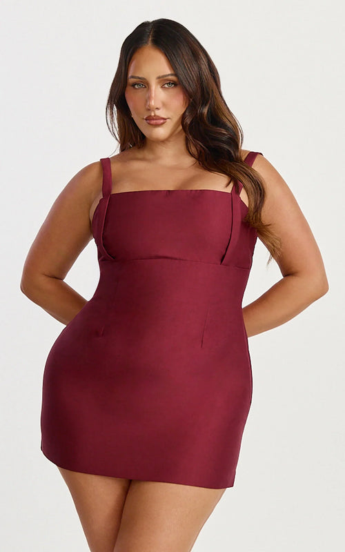 Beckett Mini Dress - Square Neck Form Fitting Dress in Wine