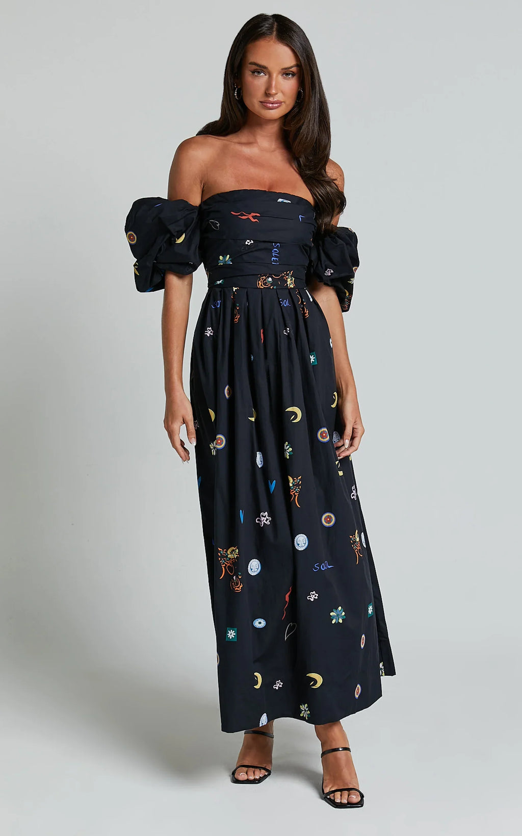 Brianna Midi Dress - Off Shoulder Dress in Black Print