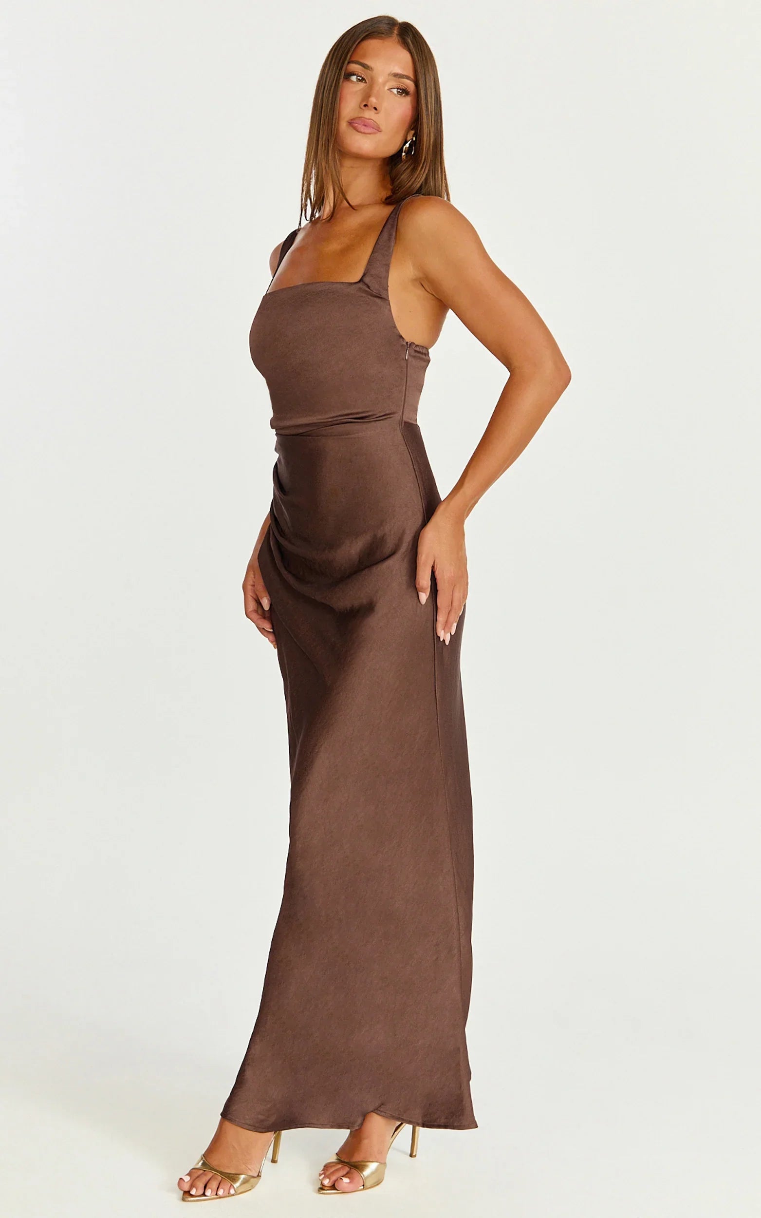 Rumi Maxi Dress - Ruched Bodice Satin Dress in Chocolate