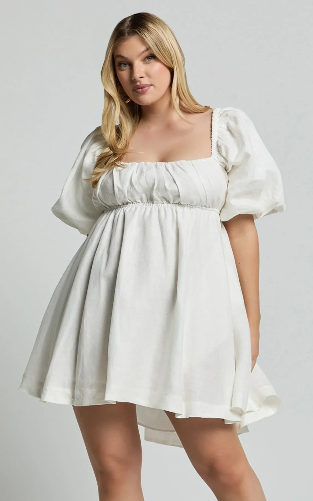 Amalie The Label - Hamyya Linen Tie Back Puff Sleeve Mini Linen Dress - In White