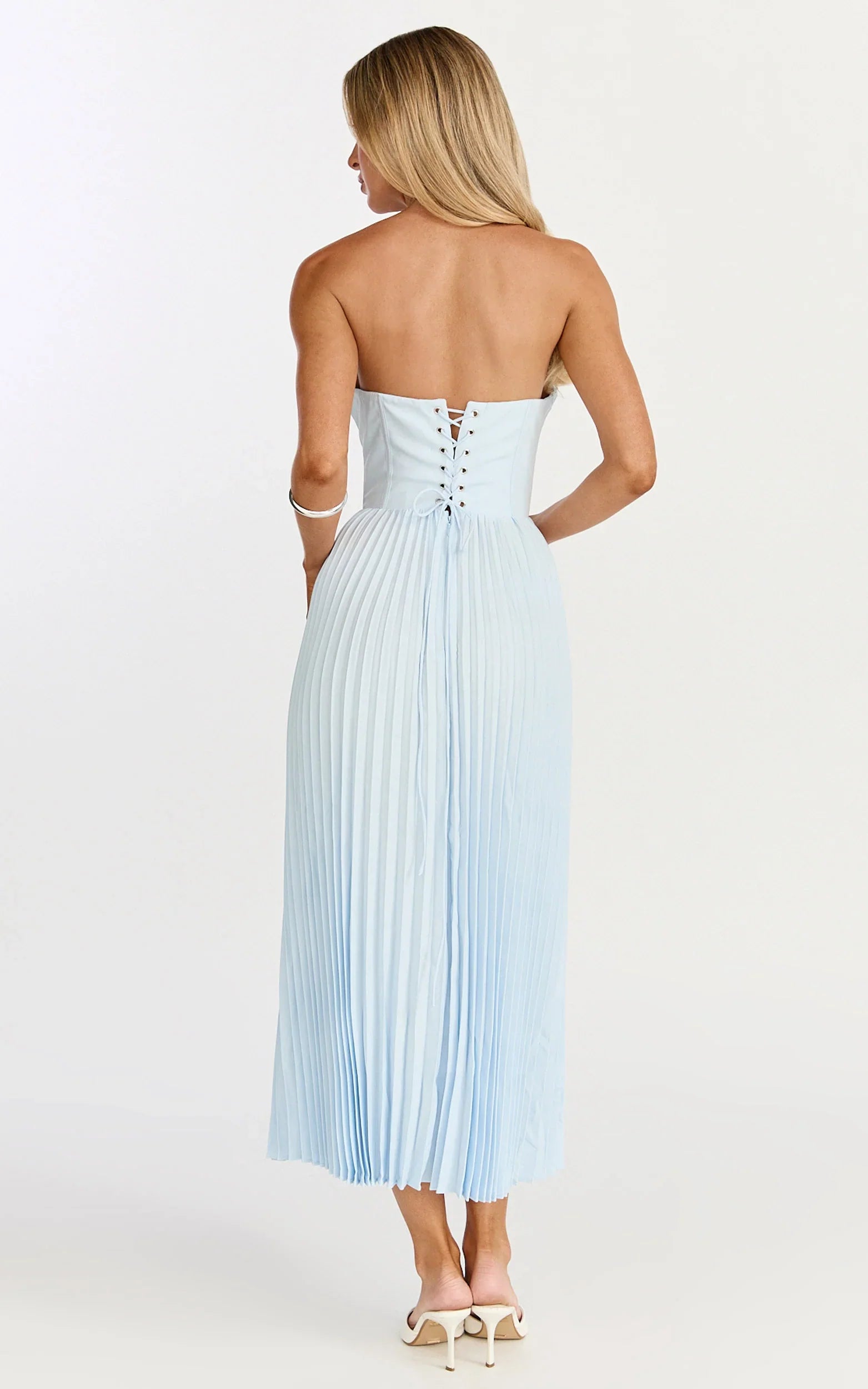 Loretta Midi Dress - Lace Up Back Bustier Pleated Dress in Light Blue