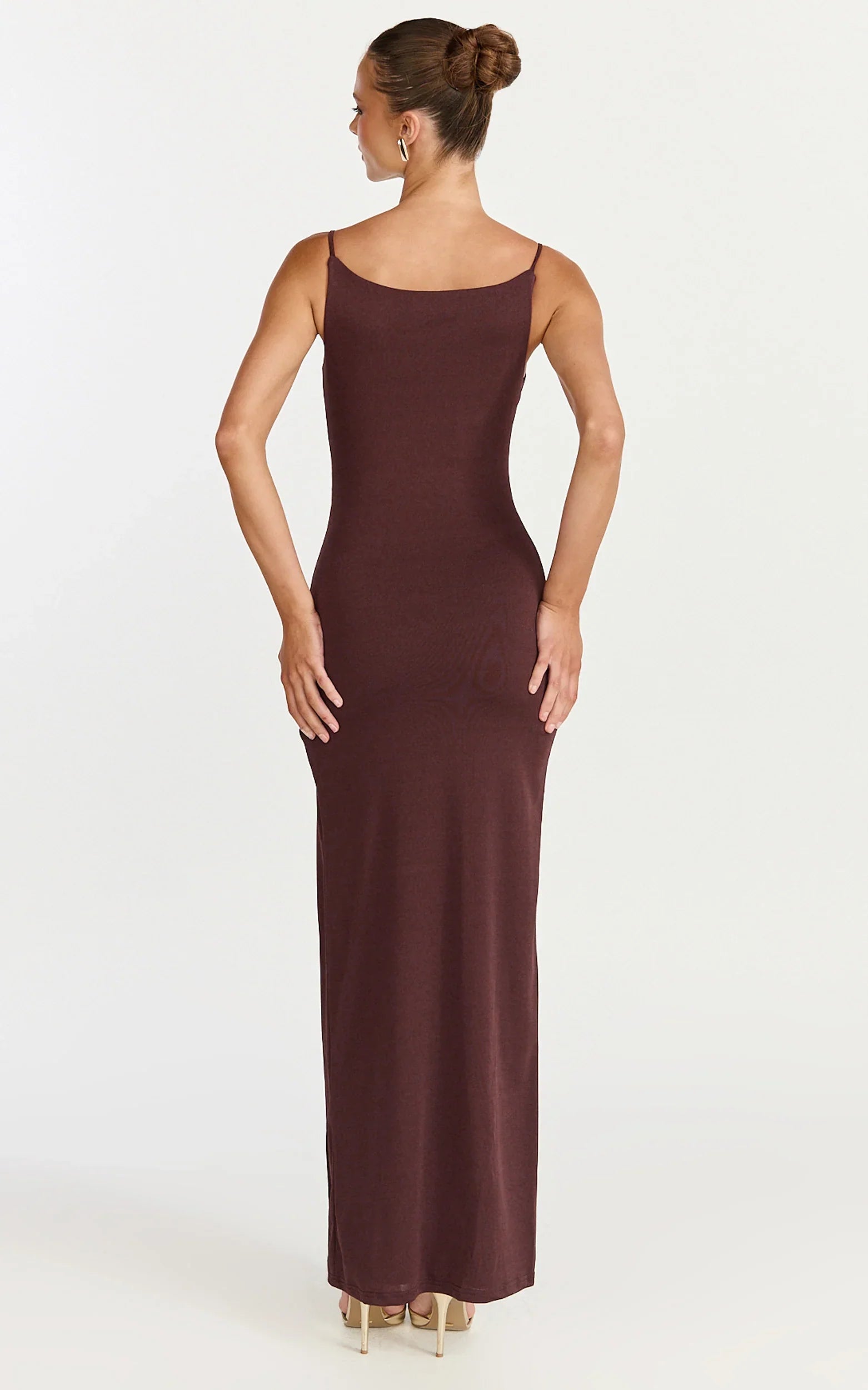 Audette Maxi Dress - Boat Neck Ruched Fitted Dress in Chocolate