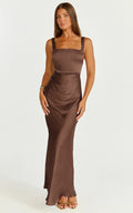 Rumi Maxi Dress - Ruched Bodice Satin Dress in Chocolate