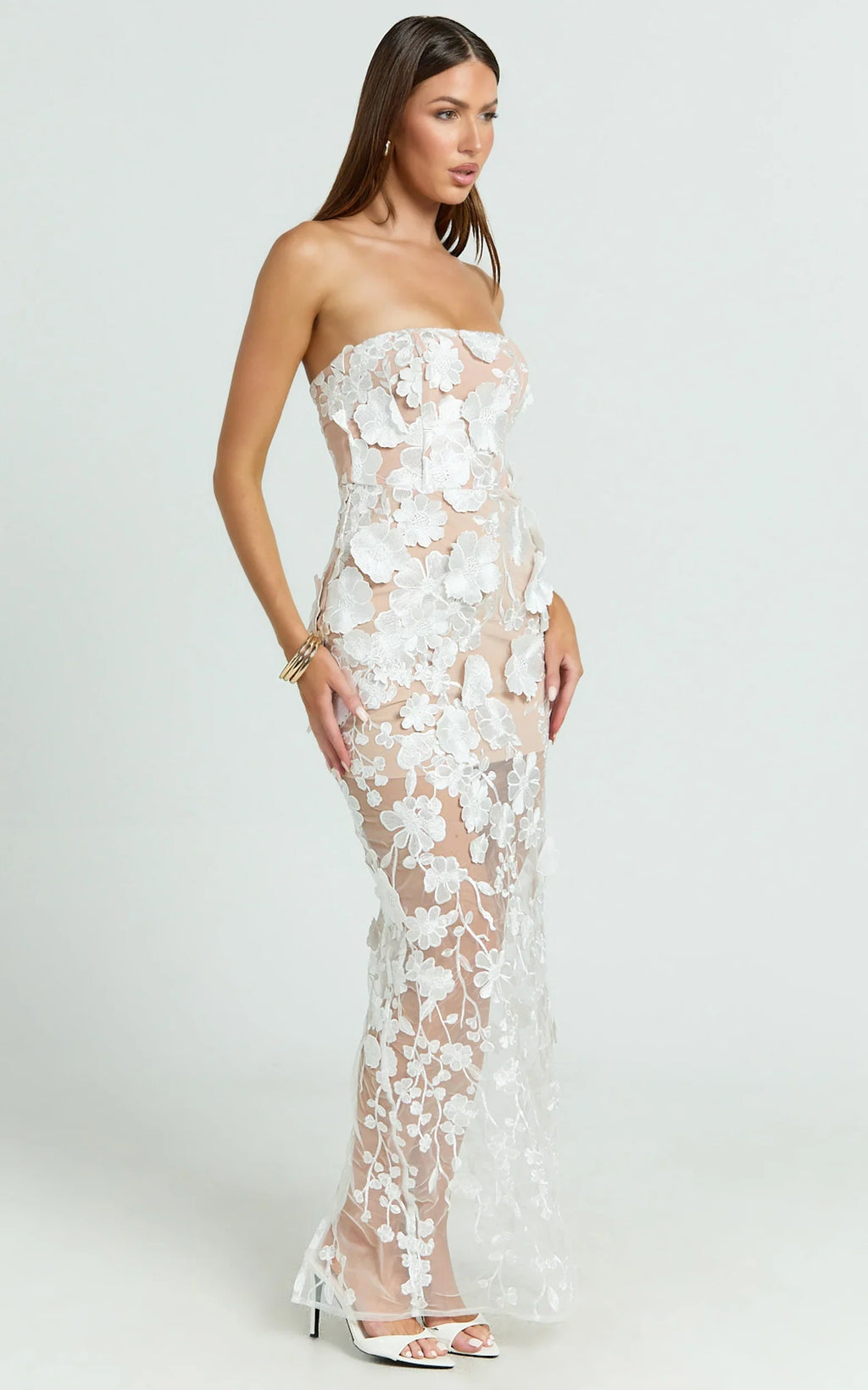 Sienna Maxi Dress - 3D Floral Strapless Column Dress in White