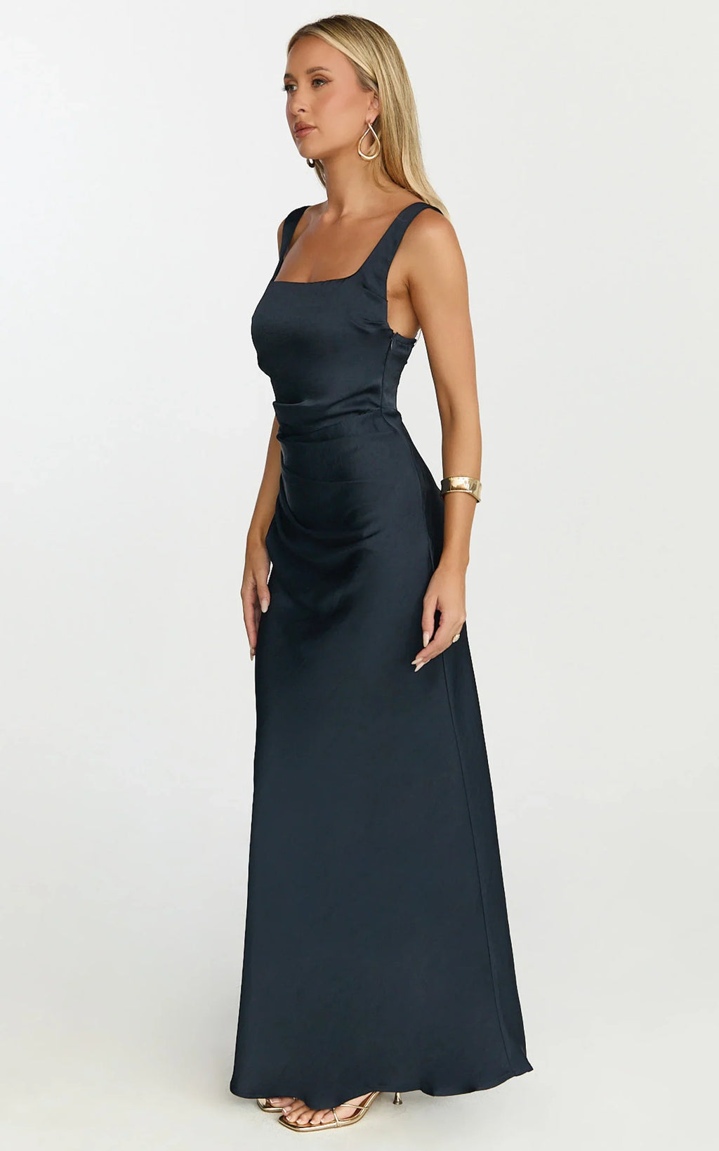 Rumi Maxi Dress - Ruched Bodice Satin Dress in Navy