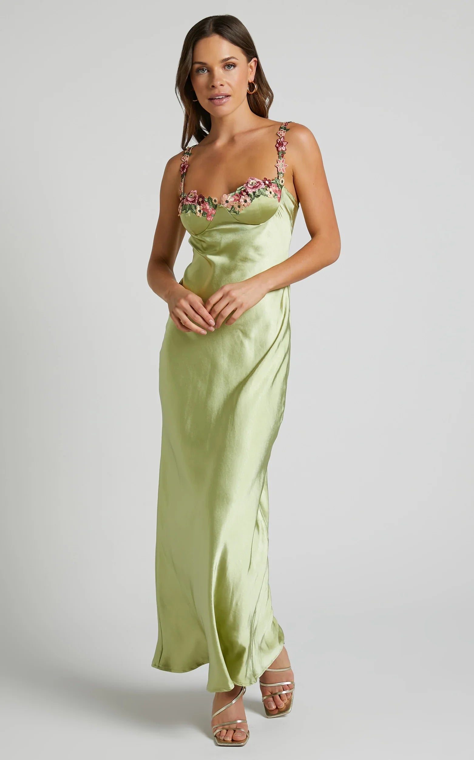 Harmony Maxi Dress - Floral Detail Cup Bust Satin Dress in Citrus
