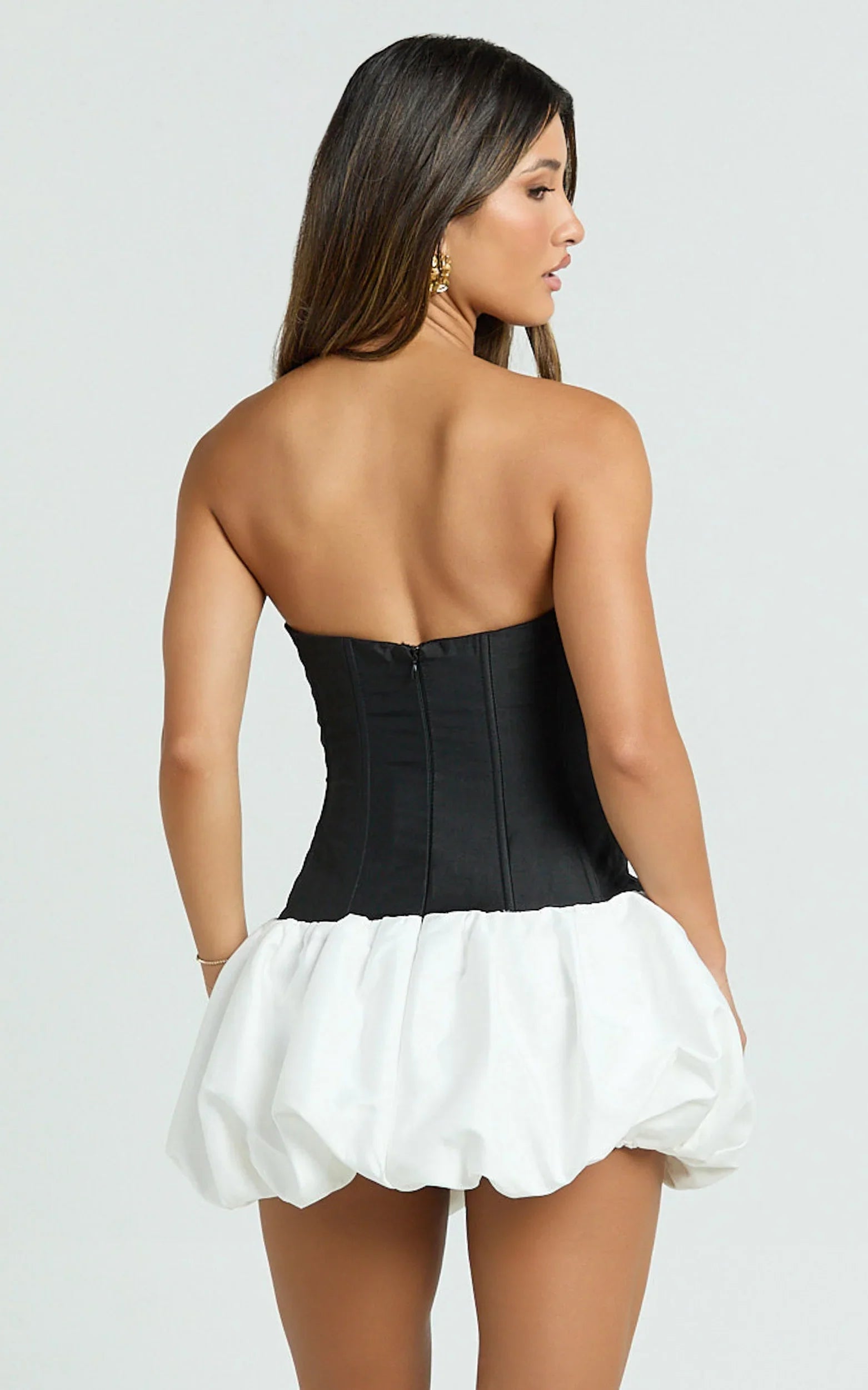 Santana Mini Dress - Strapless Fit And Flare Bubble Hem Dress in Black/White