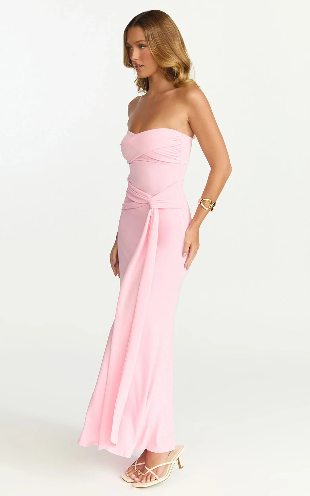 Aria Midi Dress - Strapless Tie Waist Dress in Pink
