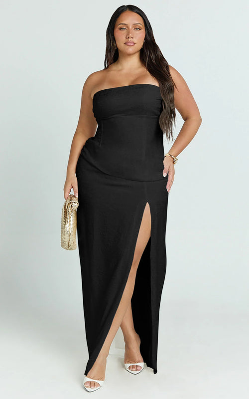 Berri Maxi Dress - Strapless Jacquard High Split Dress in Black