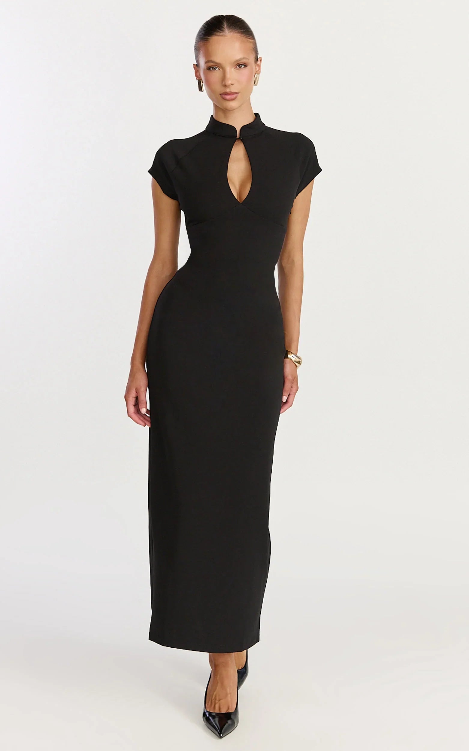 Cassienne Midi Dress - High Neck Keyhole Cut Out Bodycon Midi Dress in Black