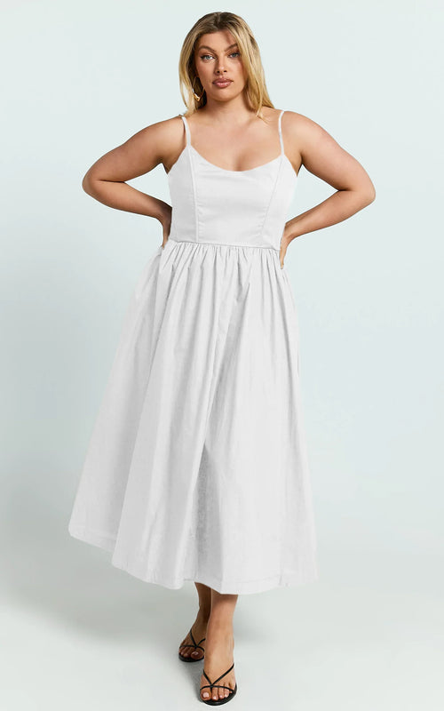Braelyn Midi Dress - Scoop Neck Flare Dress in White