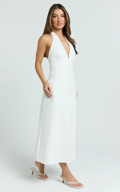 Beata Midi Dress - Plunge Halter A Line Dress in White