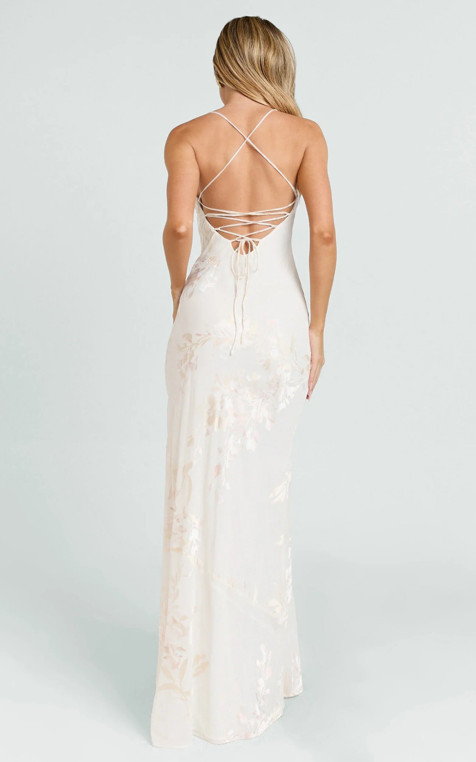 Chrissy Maxi Dress - Square Neck Lace Back Fit And Flare Dress in Ivory
