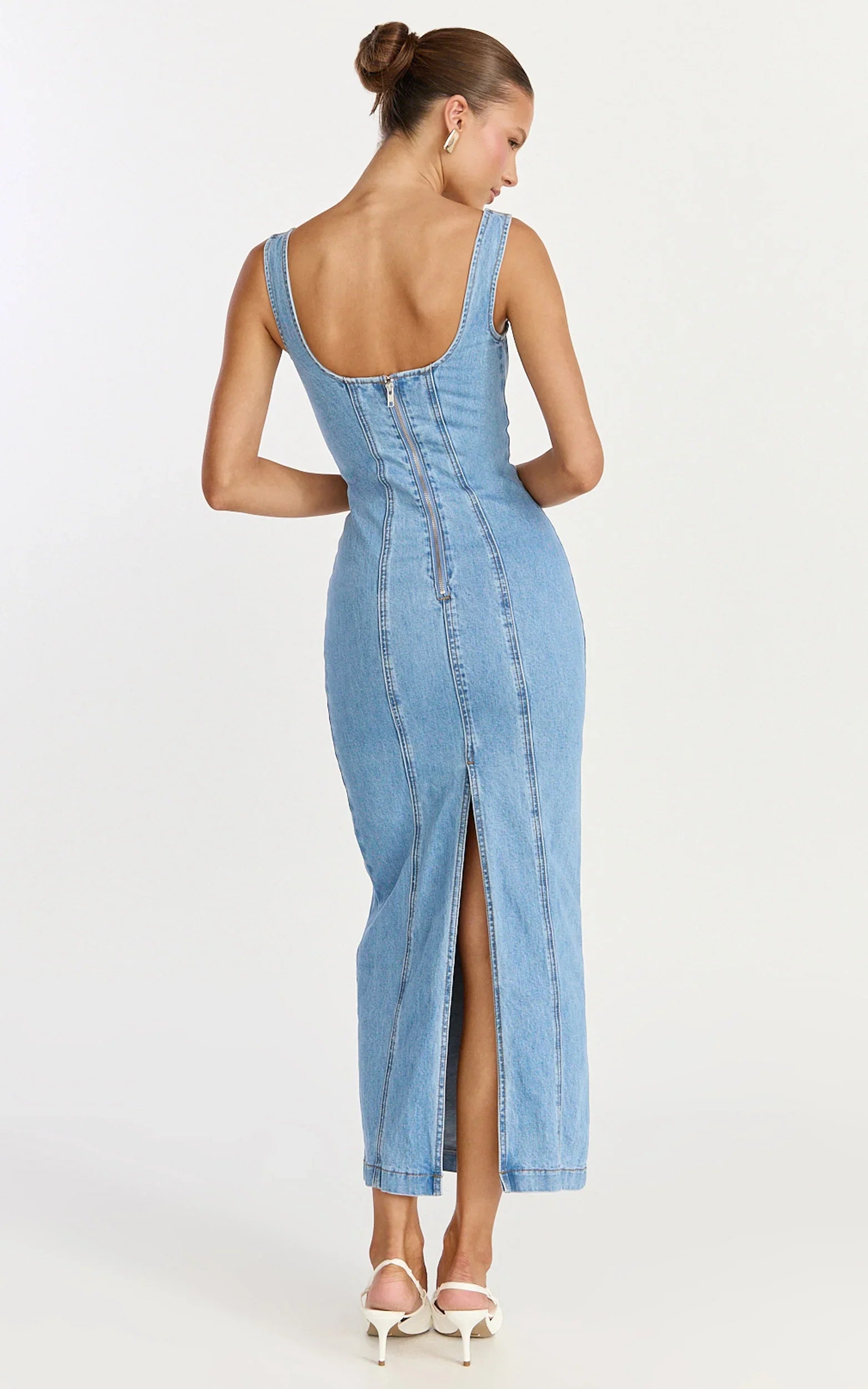 Kristie Maxi Dress - Wide Neck Corset Detail Denim Dress in Light Mid Blue