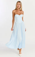 Loretta Midi Dress - Lace Up Back Bustier Pleated Dress in Light Blue