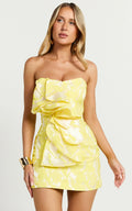 Amalie The Label - Frederika Strapless Ruffle Detail Jacquard Mini Dress - In Yellow