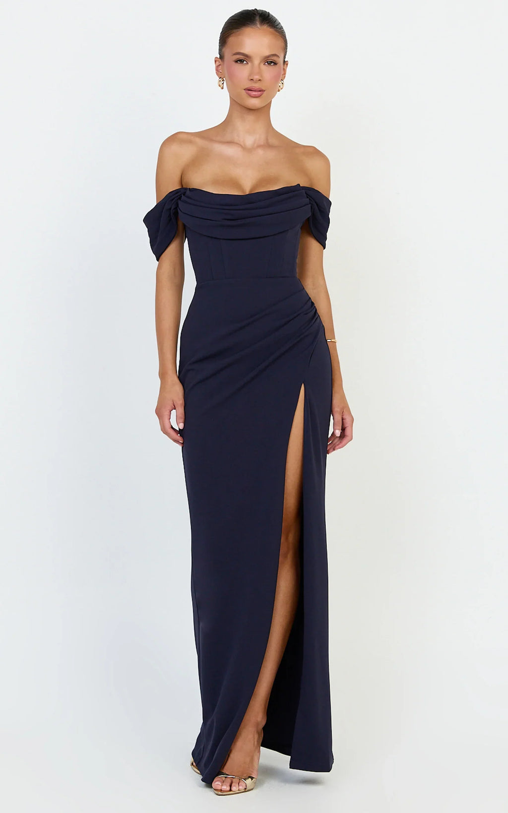 Marcel Maxi Dress - Off Shoulder Corset High Split Dress in Navy