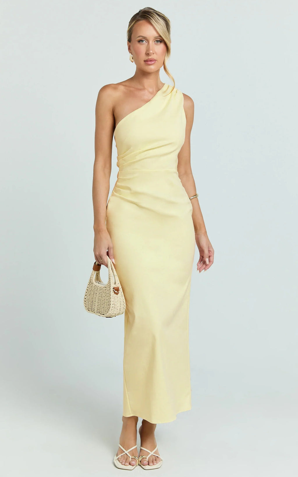 Karlie Midi Dress - One Shoulder Fitted Dress in Lemon