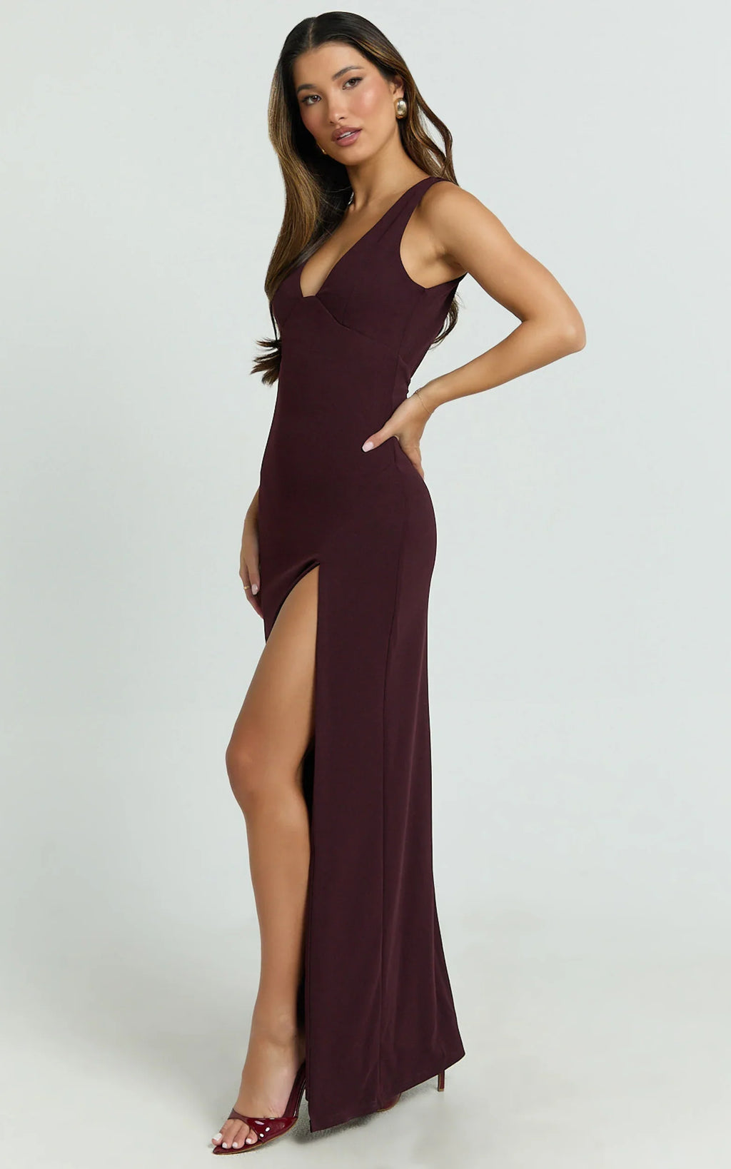 Raya Maxi Dress - Deep V Neck Low Back Bodycon Dress in Wine