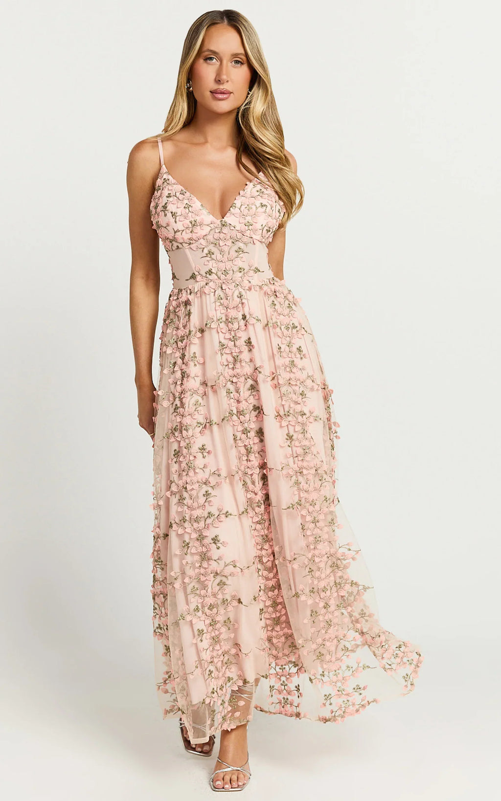 Amalie The Label - Lou V Neck Embroidered Tulle Midi Dress - In Blush