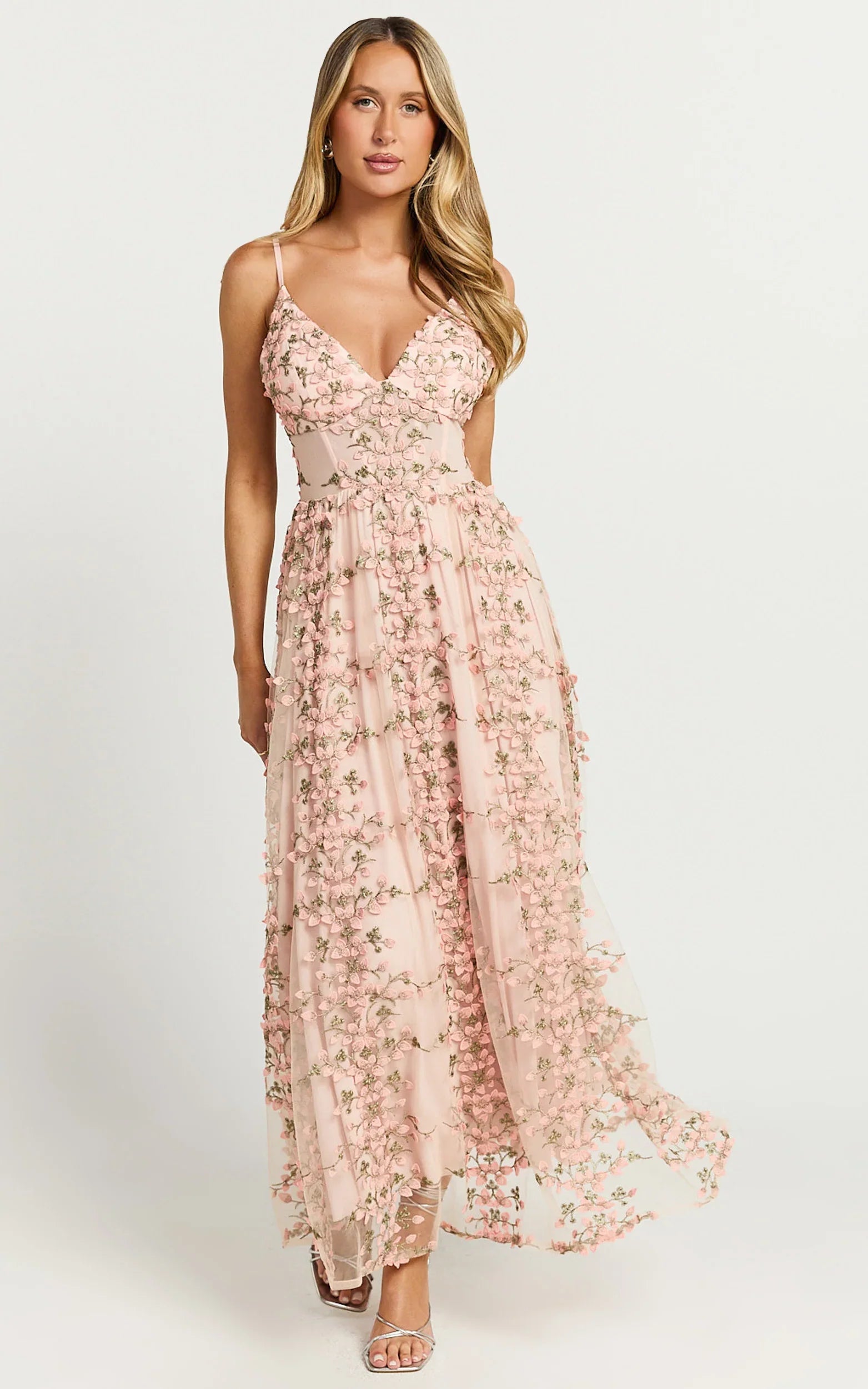 Amalie The Label - Lou V Neck Embroidered Tulle Midi Dress - In Blush