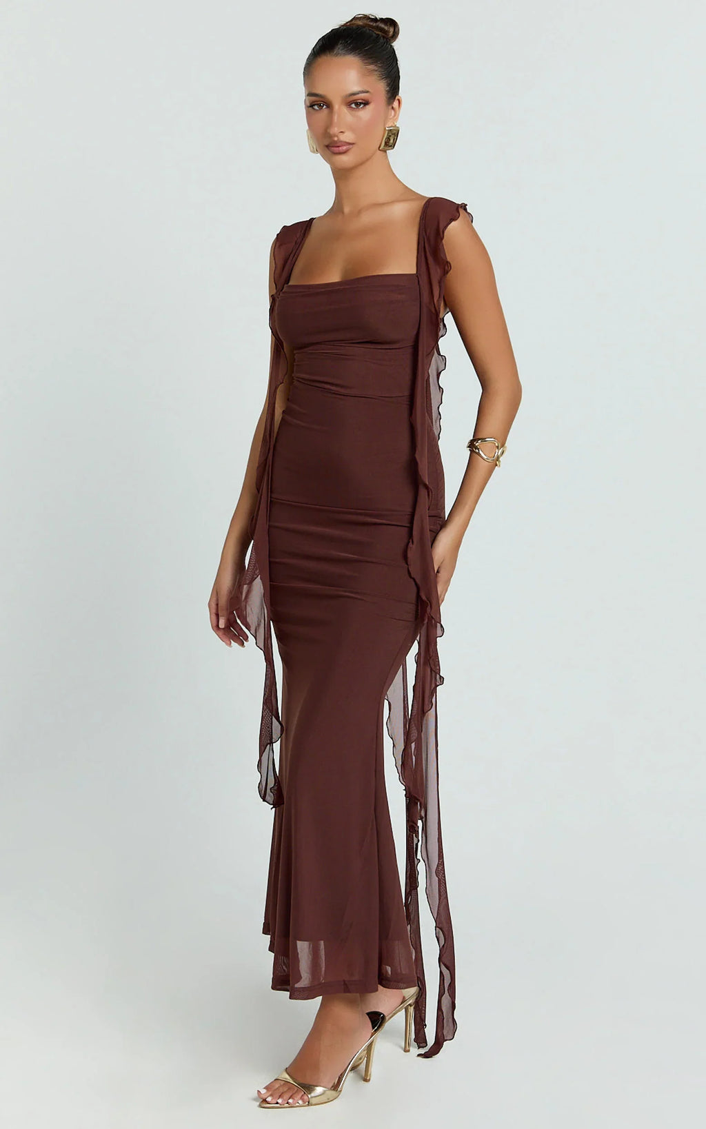 Rosha Midi Dress - Ruffle Strap Dress in Chocolate