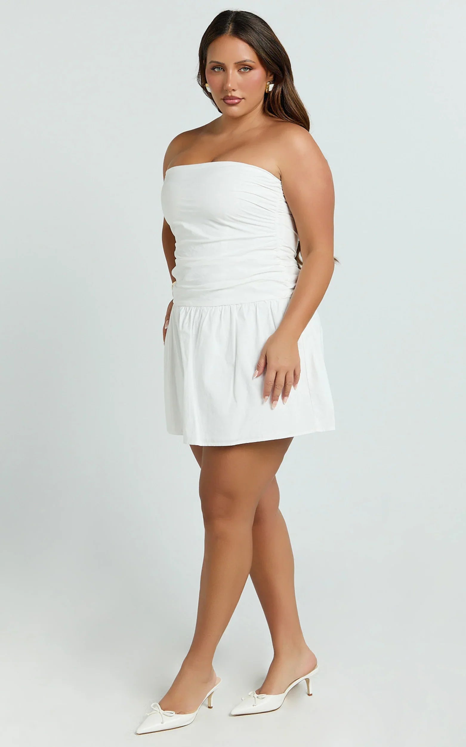 Donatella Mini Dress - Strapless Drop Waist Dress in White