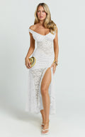 Tatum Midi Dress - Lace Off Shoulder Side Split Dress in Off White