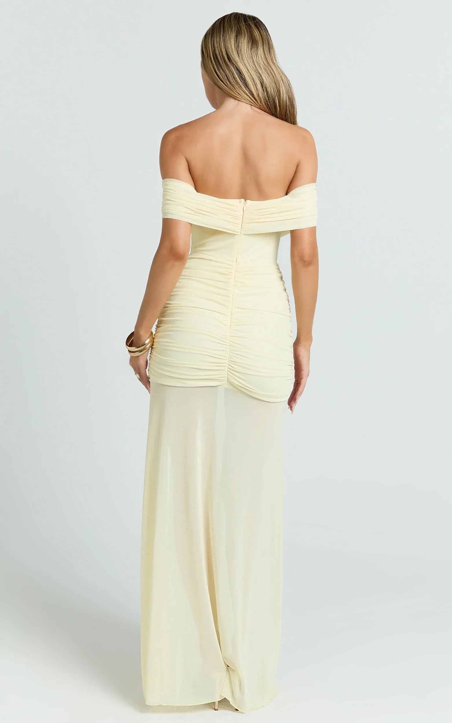 Leticia Maxi Dress - Mesh Off Shoulder Ruched High Split Dress in Lemon