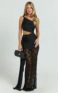 Ferguson Maxi Dress - One Shoulder Draped Jersey and Lace Dress in Black