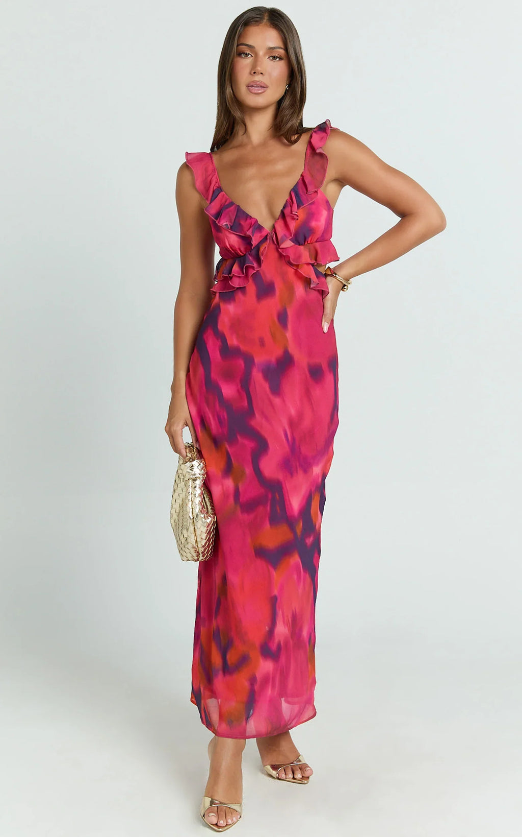 Alessa Midi Dress - V Neck Frill Detail Empire Waist Back Cut Out Dress in Adeana Print