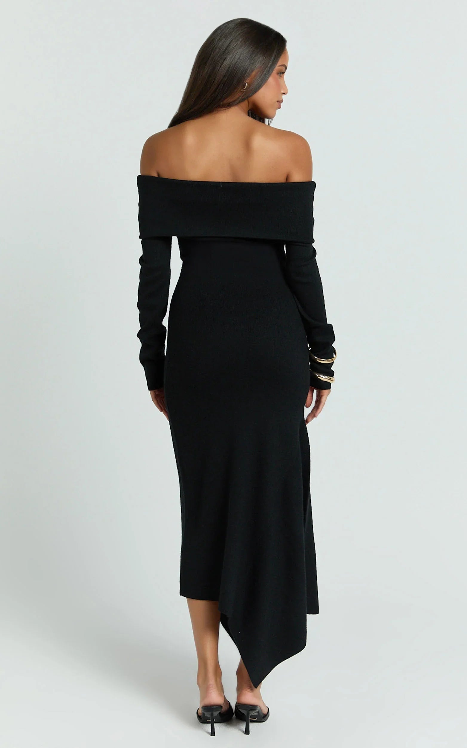 Karina Midi Dress - Long Sleeve Folded Off Shoulder Asymmetric Dress in Black