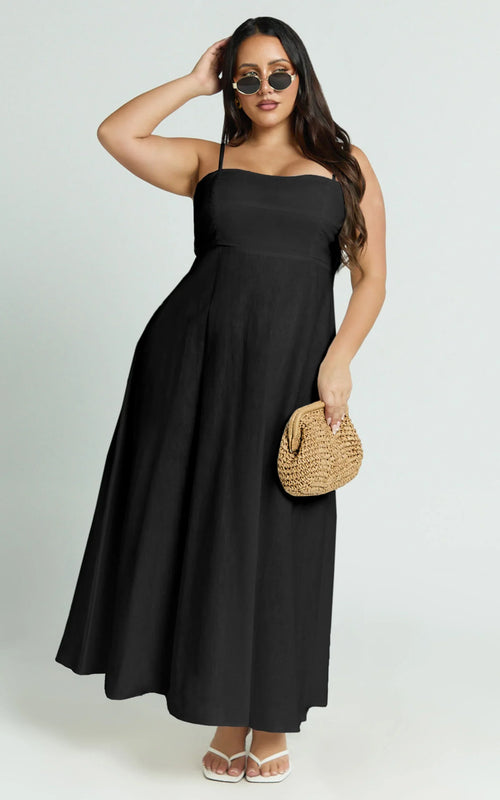 Brette Midi Dress - Linen Straight Neck Strappy Fit And Flare Dress in Black