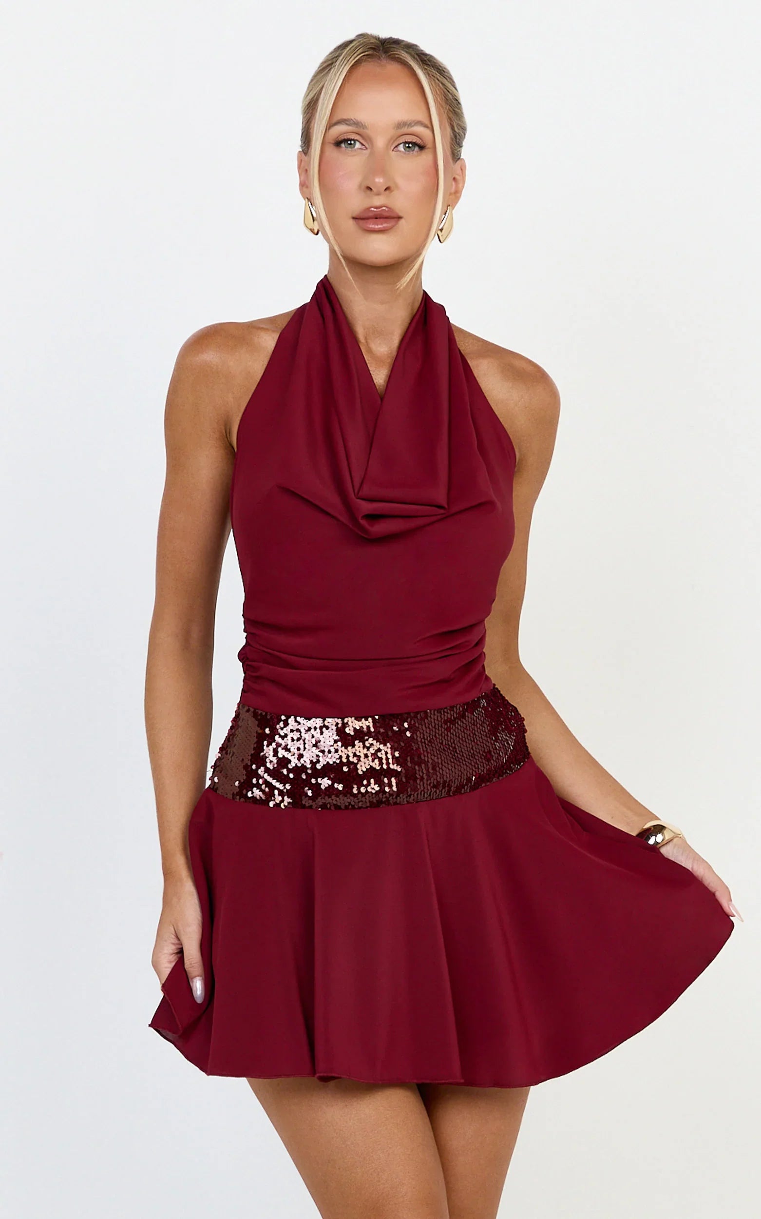 Evianne Mini Dress - Cowl Neck Sequin Drop Waist Halter Dress in Wine