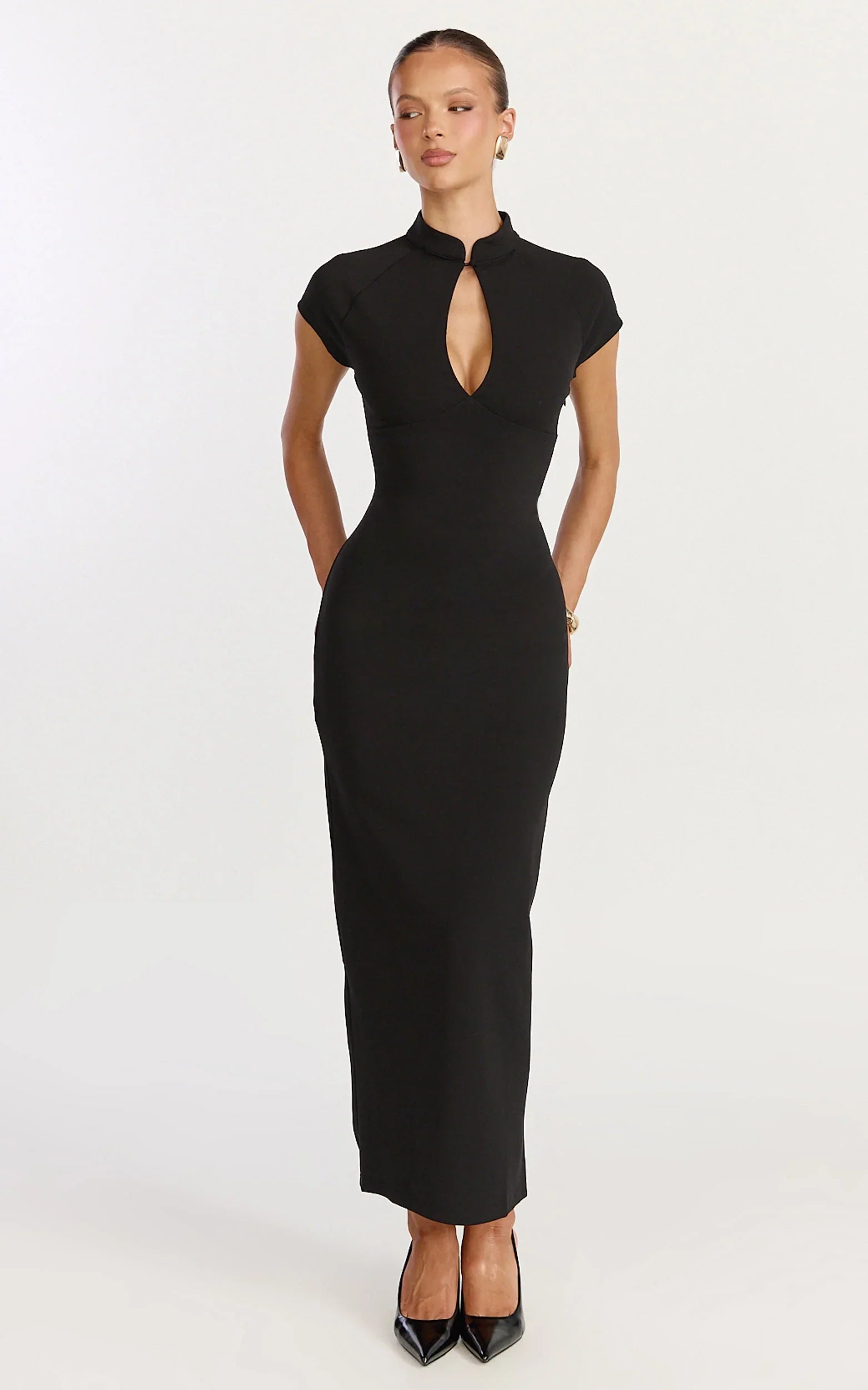 Cassienne Midi Dress - High Neck Keyhole Cut Out Bodycon Midi Dress in Black