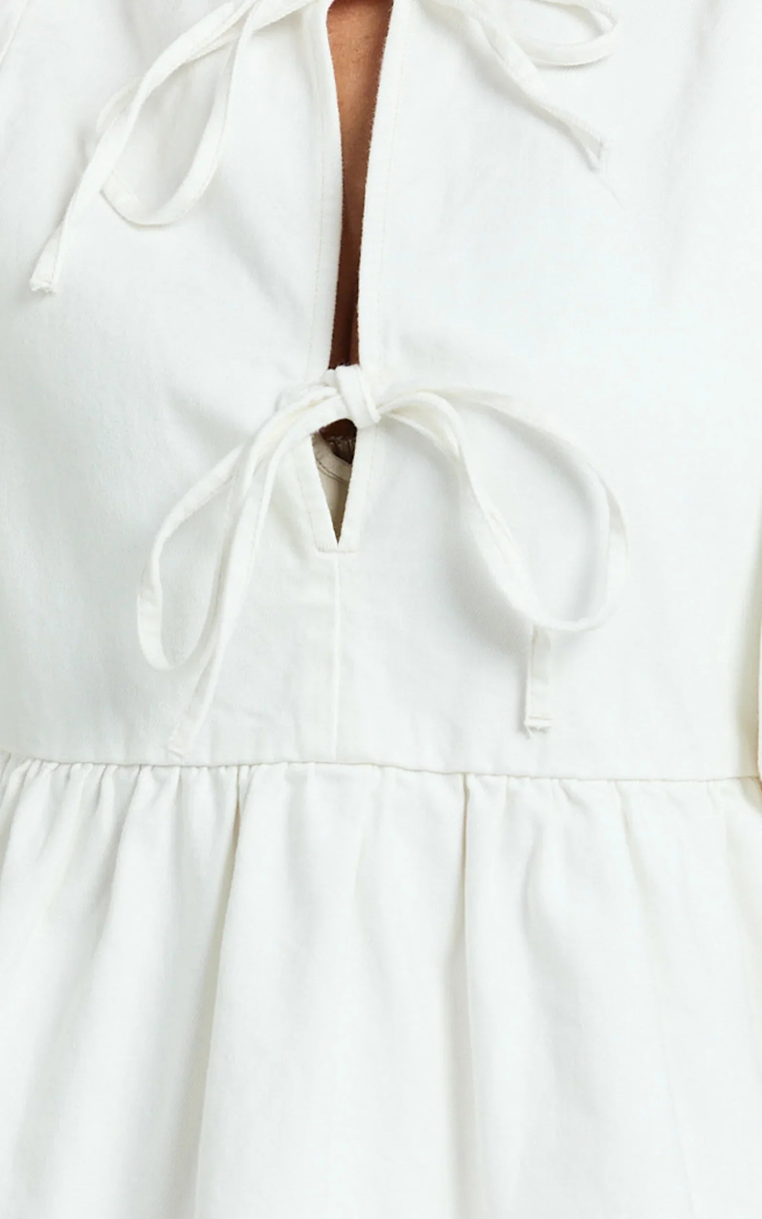 Shailene Mini Dress - Tie Front Puff Sleeve Recycled Denim Dress in Ecru