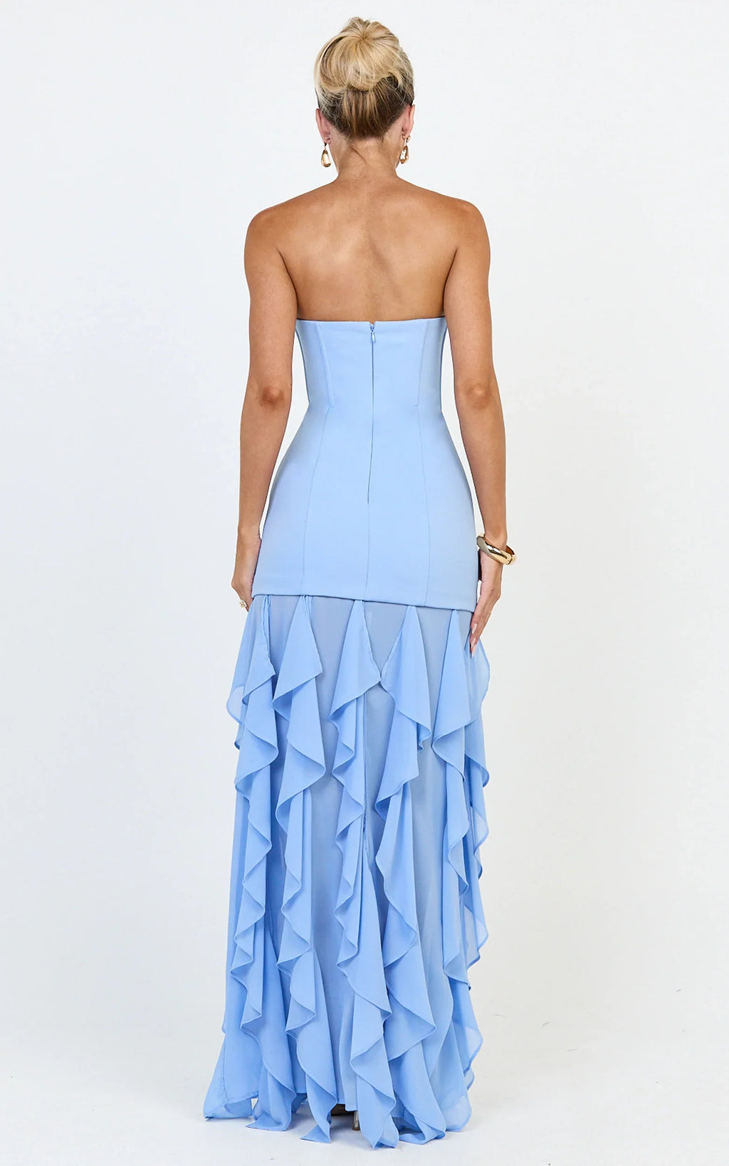 Selani Maxi Dress - Strapless Bodice Ruffle Hem Dress in Sky Blue
